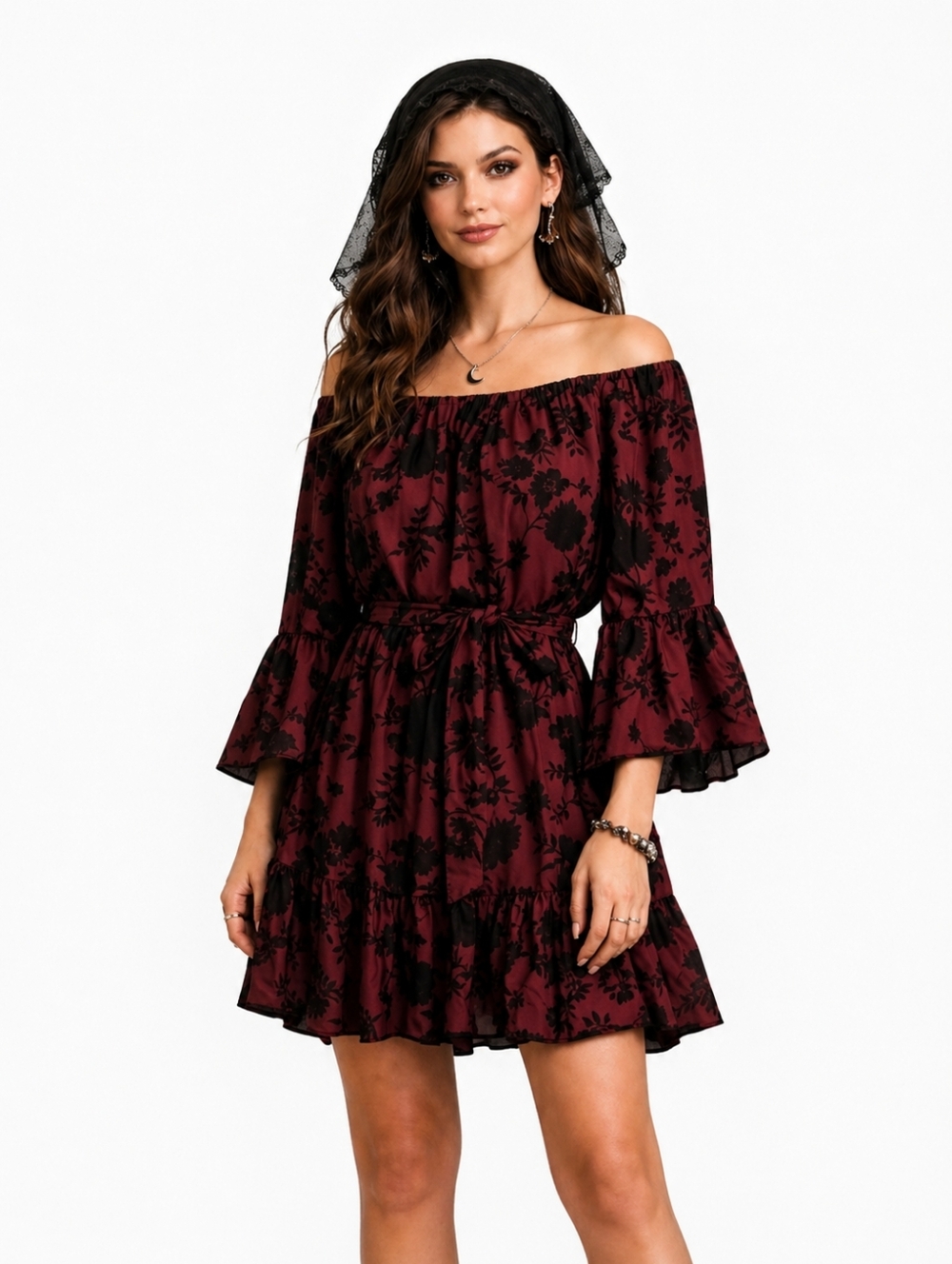 DEX Burgundy Black Roses Dress Tiered Bell Sleeves Size Medium Whimsigoth